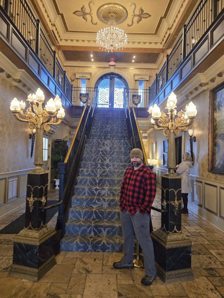 Beautiful staircase inside castle themed hotel